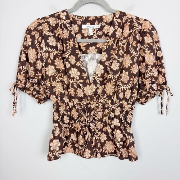 DEREK LAM 10 CROSBY | Rhea Puff Sleeve Floral Brown V-neck Top Women’s Size 0 - Picture 3 of 11